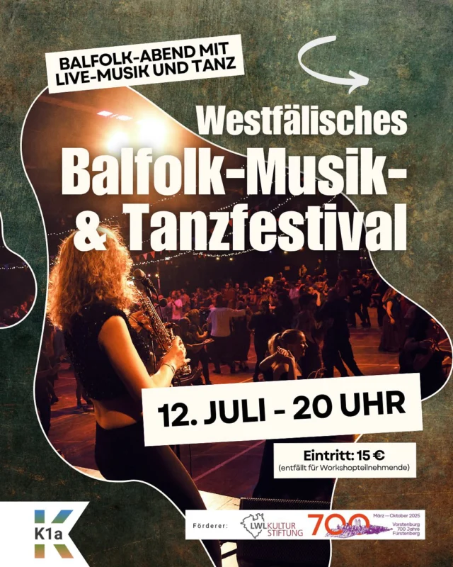 Habt ihr schon mal an einem Balfolk teilgenommen?
Das ist eine Tanzveranstaltung mit Live-Musik, bei der traditionelle europäische Tänze im Vordergrund stehen.
Hier kann jede:r mitmachen, unabhängig von Alter oder Vorkenntnissen. Ein riesiger Spaß!

Im Zuge der Feierlichkeiten „700 Jahre Vorstenburg“ und „1250 Jahre Westfalen“ können wir dieses Event mit Unterstützung der LWL Kulturstiftung in der KulturScheune1a veranstalten.

Nachmittags finden Musik- und Tanzworkshops mit den tollen Musiker:innen von Folk my life und Trad Quartett statt und abends folgt das eigentliche Festival.
Der ausführliche Ablauf ist auf unserer HP nachzulesen.

#balfolk #1250jahrewestfalen #traditionellestanzen #tanzfestival