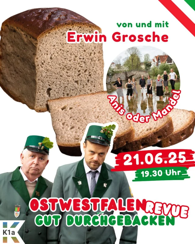 Die GROSSE Ostwestfalenrevue von und mit Erwin Grosche - Premiere am 21.6.25 um 19.30 Uhr in der KulturScheune1a!

Alle Infos und die Möglichkeit zum Ticketerwerb gibt es unter www.kulturscheune1a.de oder Restkarten an der Abendkasse.
Im Herbst gibt es dann noch weitere Vorstellungen in Paderborn und Scherfede.
Die Revue konnte verwirklicht werden mit der Unterstützung der LWL Kulturstiftung und der Verbundvolksbank OWL e.G.

#owl #kabarett #erwingrosche #anisodermandelvokalensemble #heikogrosche #walterott