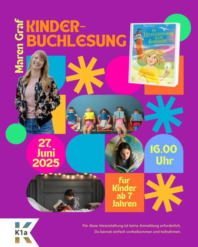 So kurz vor den Sommerferien kommt uns noch die Kinderbuchautorin @marengraf_autorin besuchen.
Im Gepäck hat sie ihr Buch „Ein Leuchtturmsommer voller Geheimnisse“.
Und darum geht’s..
Die 10-jährige Lucie ist ein echter Wirbelwind - stürmisch wie die Nordsee und zappelig wie ein Fisch auf dem Trockenen. Ein Glück, dass sie die Sommerferien bei ihrer Oma auf der Hallig verbringen darf. Denn hier macht sie eine unglaubliche Entdeckung..
Lasst euch überraschen, was Lucie zusammen mit dem Nachbarjungen Jonne herausfindet!
Eine lustige und spannende Lesung für Kinder ab 7 Jahren.
Kommt vorbei! Am Freitag um 16 Uhr!

#ferienlektüre #nordseeabenteuer #kinderbuchlesung #spannungfuerkinder
