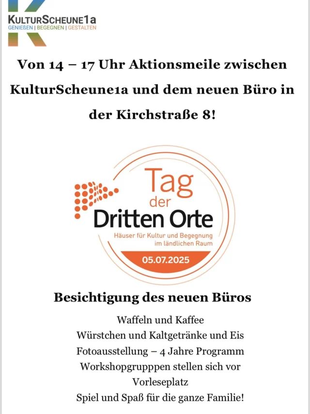 Wir sind dabei! Am kommenden Samstag öffnen wir von 14 - 17 Uhr unsere Türen (obwohl die eigentlich auch sonst immer offen sind..)
Der #tagderdrittenorte ist immer eine gute Gelegenheit ins Gespräch zu kommen und zu zeigen, was man denn das ganze Jahr über eigentlich so macht.
Wir präsentieren inzwischen seit 4 Jahren ein tolles Programm und dazu haben wir eine Fotoausstellung angefertigt. Die Anfänge zu Corona-Zeiten waren echt nicht einfach. Wer kann sich auch noch an Marktbesuche mit FFP2 Maske erinnern? 

Kommt vorbei, trinkt mit uns Kaffee, esst Waffeln und Würstchen. Für Kinder gibt es viel zu sehen und zu spielen.. natürlich auch Eis 🍦 

#mkwnrw #mhkbd_nrw